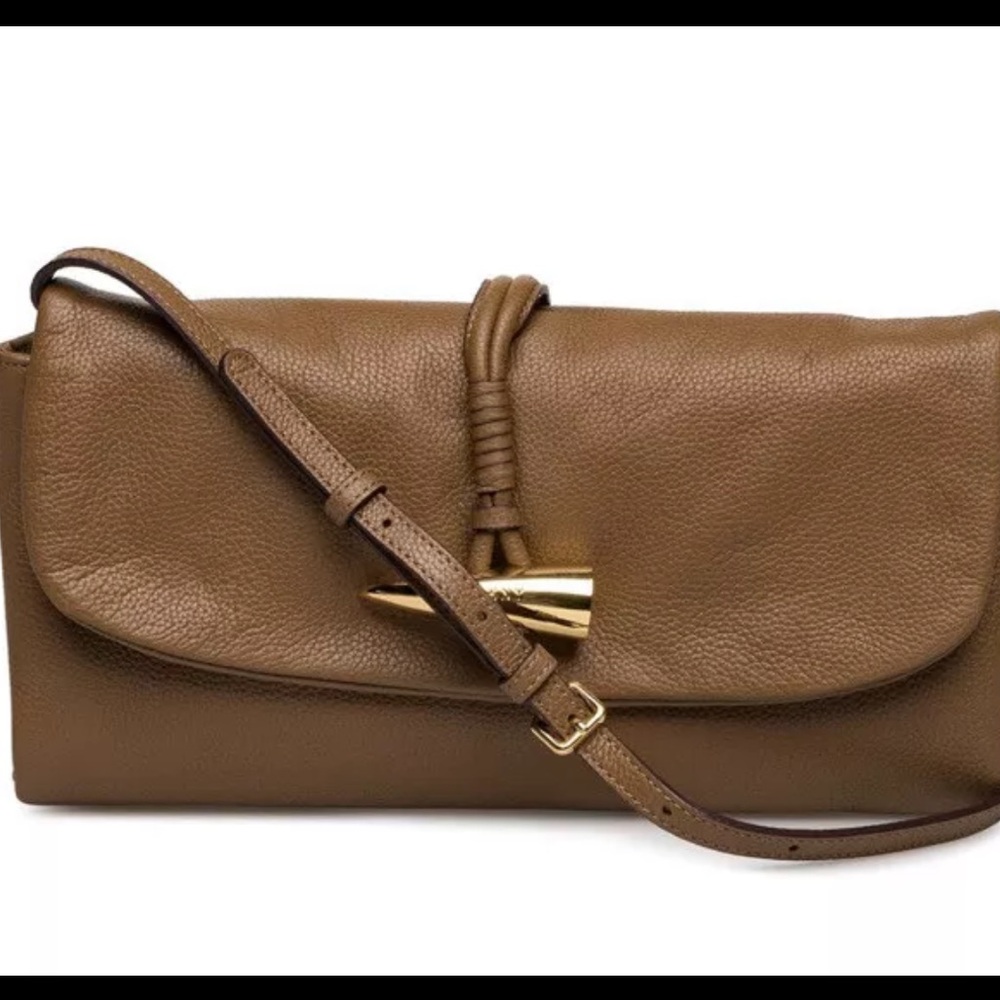 DKNY Cindy East West Clutch Shoulder Bag Pebbled Leather Flap Gold horn